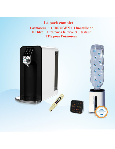 pack eau osmosée hydrogénée noir et blanc. Idrogen générateur d'hydrogène moléculaire dissous