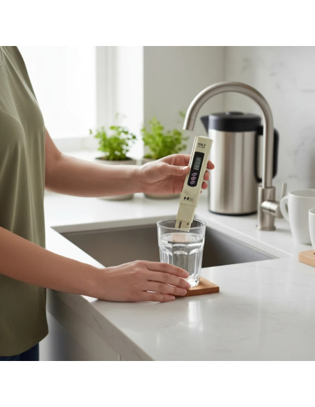 Testeur TDS pour osmoseur domestique sur plan de cuisine dans un verre d'eau