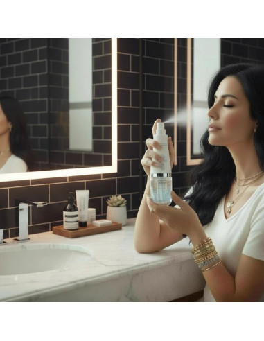 femme près d'un miroir dans sa salle de bain utilisant son spray h2 beauty eau antioxydante.