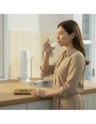 FEMME BUVANT UN VERRE D EAU VIA FILTRE SUR EVIER BLANC CLASSIC AVEC SA CARTOUCHE A CHARBON ACTIF CONTRE LES PFAS ET POLLUANTS
