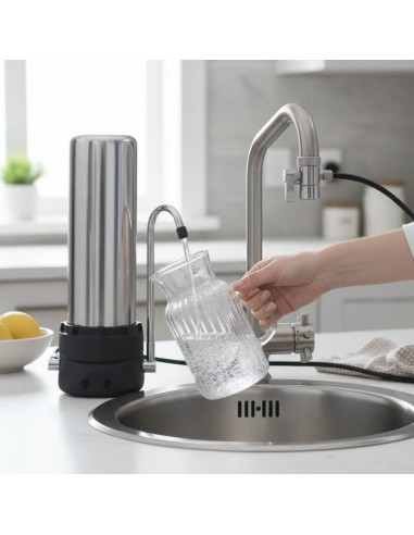 FILTRE A EAU SUR EVIER EN INOX AVEC CARTOUCHE DE CHARBON ACTIF SUR PLAN DE TRAVAIL AVEC UNE CARAFE D EAU QUI SE REMPLI