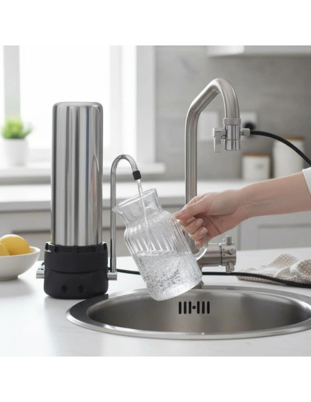 FILTRE A EAU SUR EVIER EN INOX AVEC CARTOUCHE DE CHARBON ACTIF SUR PLAN DE TRAVAIL AVEC UNE CARAFE D EAU QUI SE REMPLI