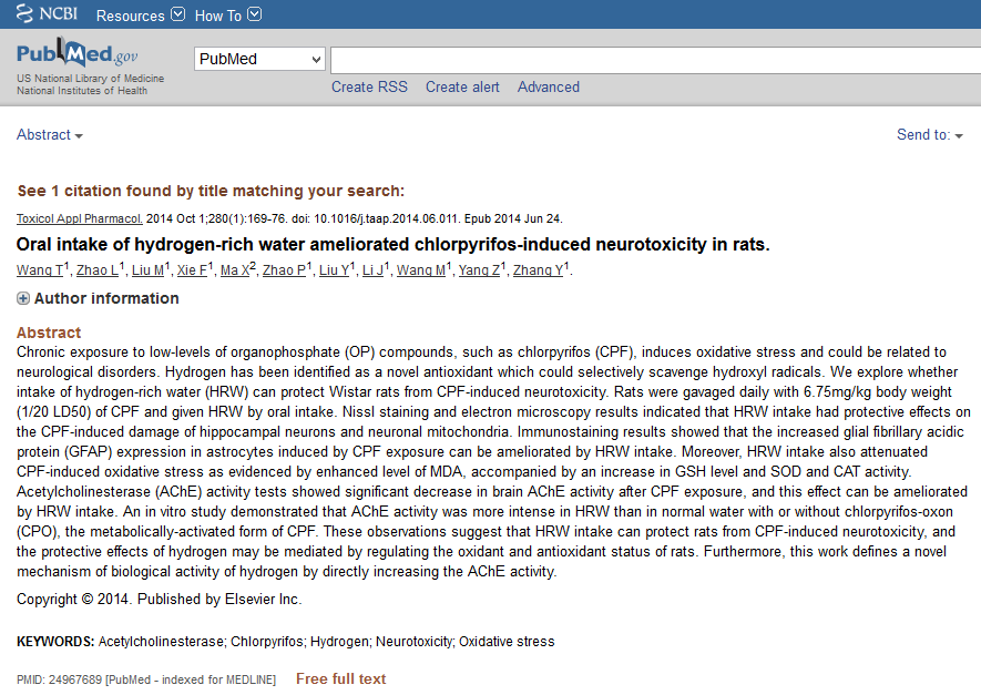 eau hydrogénée réduit la toxicité induite par le chlorpyrifos