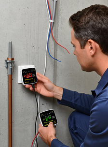 Électricien utilisant un testeur de terre numérique sur une prise électrique pour mesurer la résistance de mise à la terre.