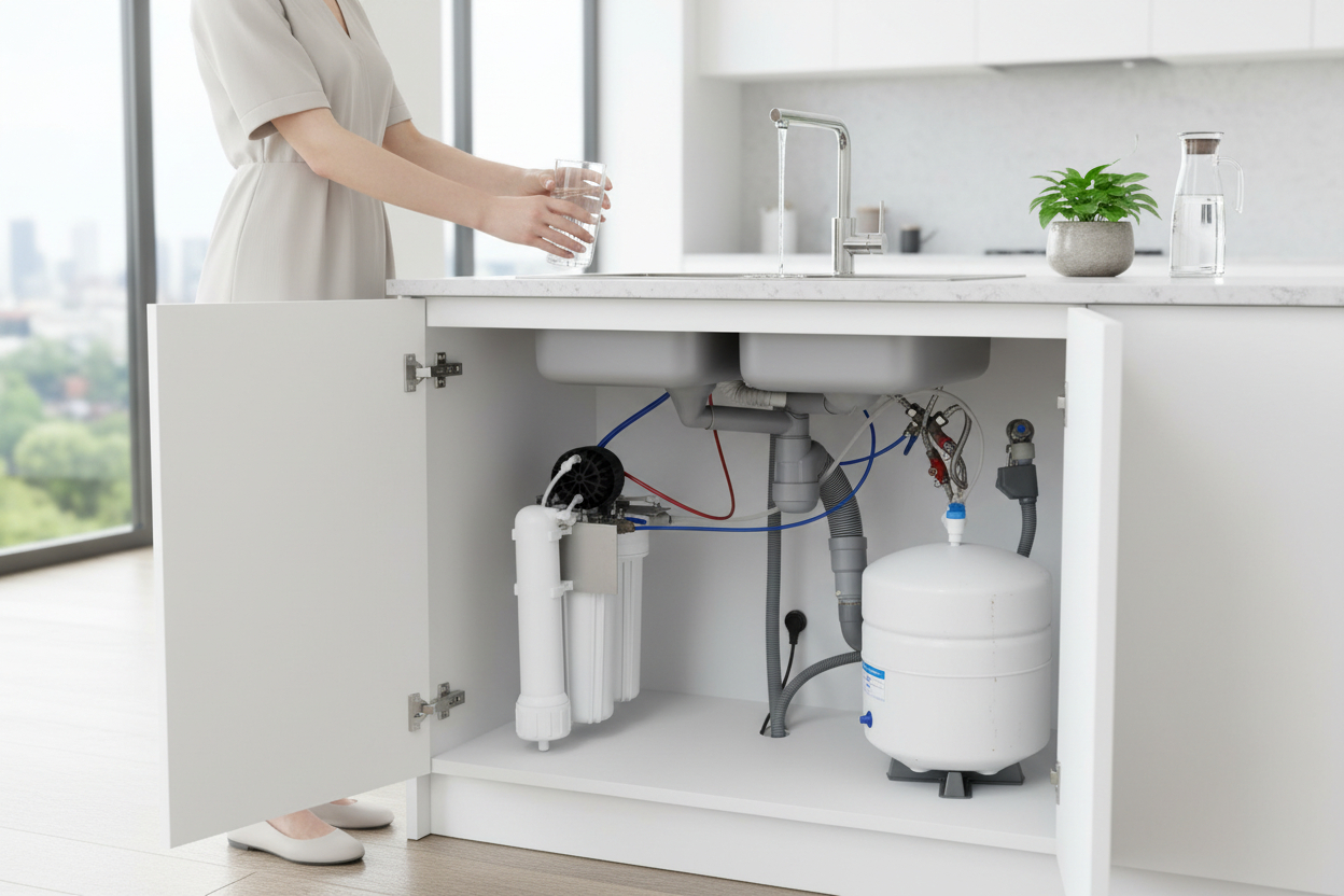 Vue d’un sous-évier de cuisine avec un système de filtration et une réserve de gaz sous l’évier; tuyaux, réservoir et équipement de filtration visibles dans l’armoire ouverte.