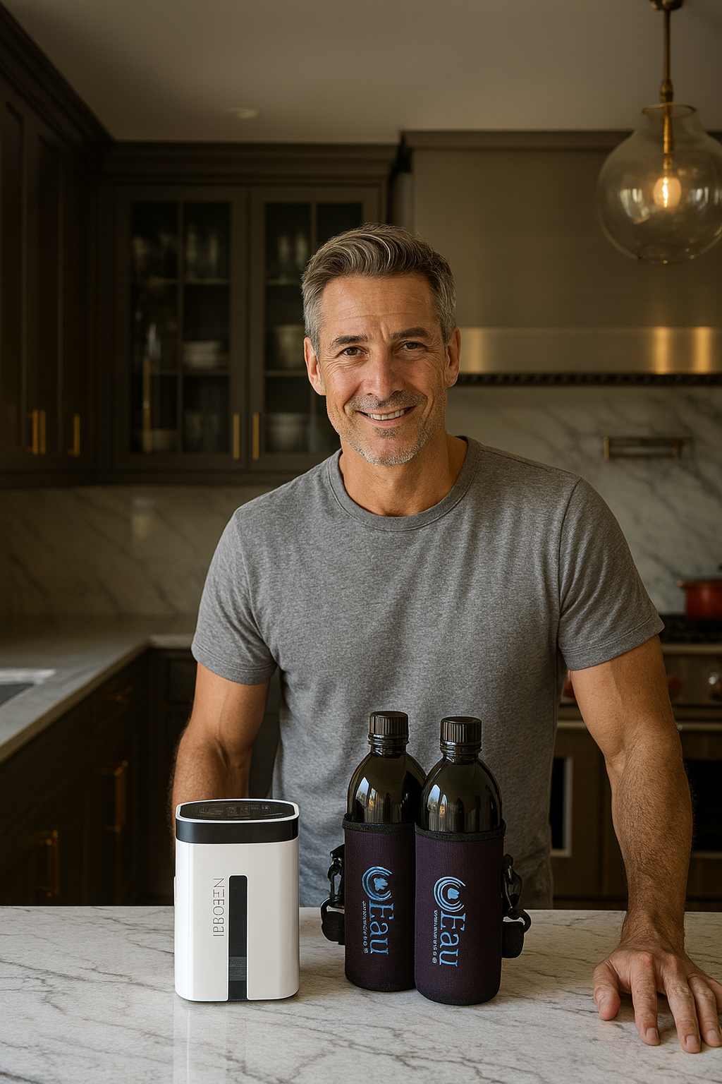 Homme au gabarit moyen dans une cuisine moderne, debout derrière un comptoir, portant t-shirt gris, avec deux bouteilles d’eau et un générateur d eau hydrogénée et deux bouteilles en verres biophotoniques sur le plan de travail.