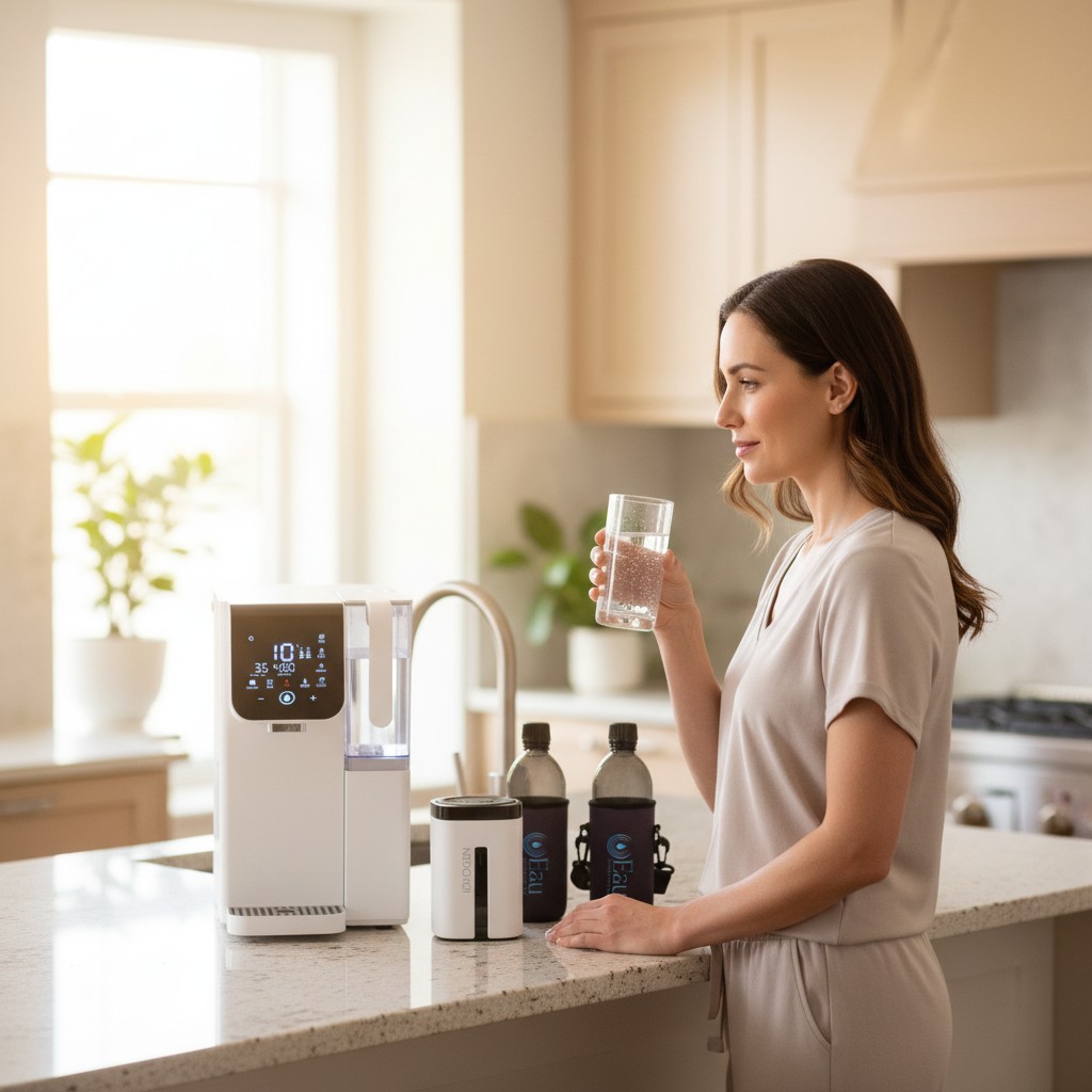 Femme buvant un verre d'eau purifiée près d'un purificateur d'eau par osmose inverse avec l'appareil IDROGEN qui produit une eau antioxydante et bouteilles biophotonique sur le plan de travail.