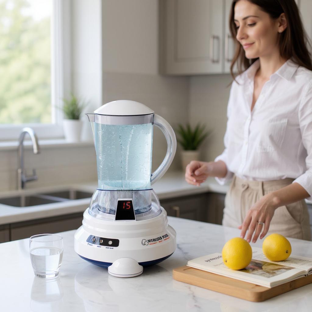 dynamiseur d’eau par vortex sur îlot de cuisine, eau fraîche dans le pichet, femme souriante à côté, citron et livre sur plan de travail.