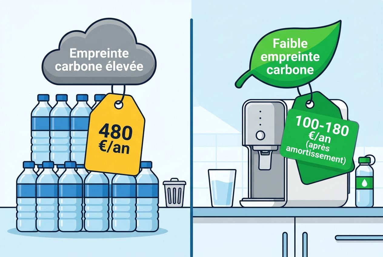 Comparaison visuelle: gauche, bouteilles d'eau et osmoseur domestique
