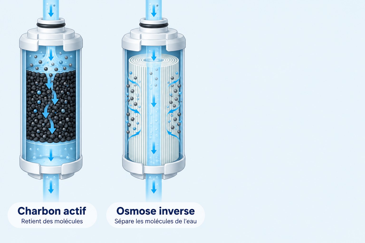 Deux filtres: un charbon actif capturant des molécules et un filtre à osmose inverse séparant les molécules de l’eau.