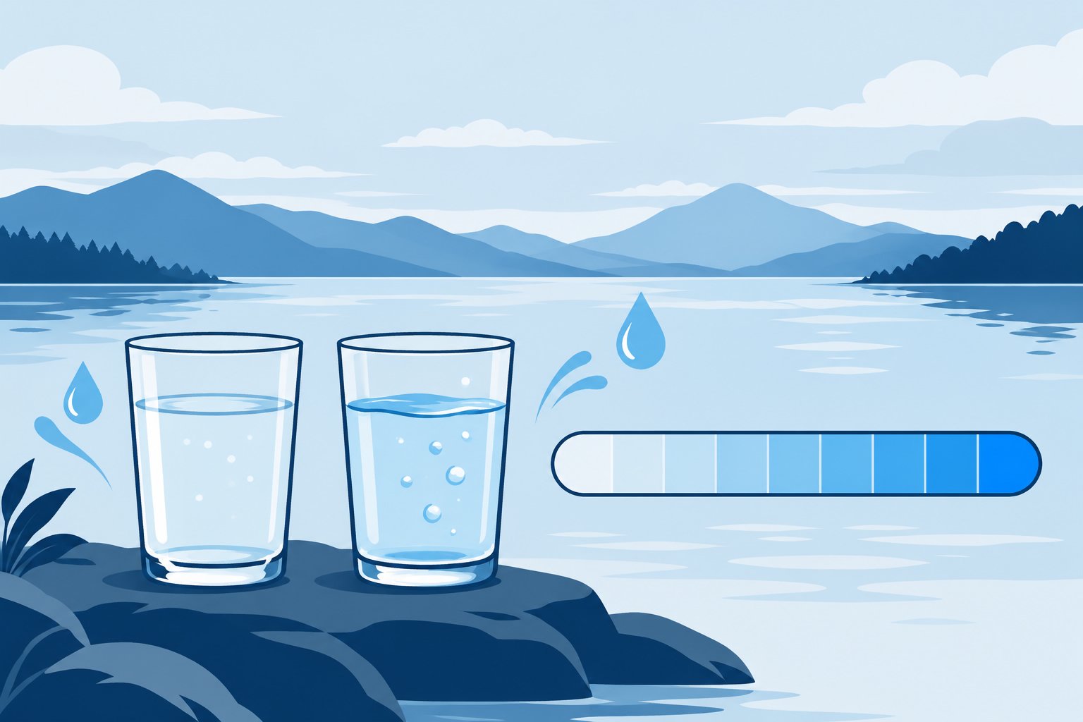 Deux verres d’eau près d’un lac avec des vagues et des montagnes en arrière-plan.