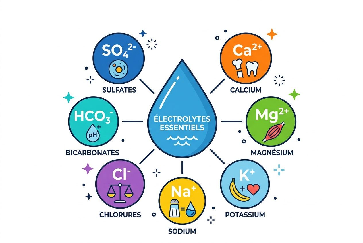 Diagramme illustrant les électrolytes essentiels et leurs ions (SO4, Ca, Mg, Na, K, Cl, HCO3, bicarbonates, sulfates) autour d’une goutte d’eau. Générateur d’eau atmosphérique avis intégré.