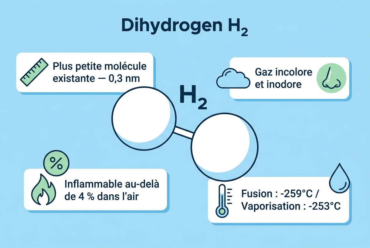 Dihydrogen H2: molécule H2 avec deux atomes d’hydrogène, petite taille, gaz incolore et inodore, inflammable, fusion et vaporisation extrêmes. vague sur dihydrogène et hydrogène.