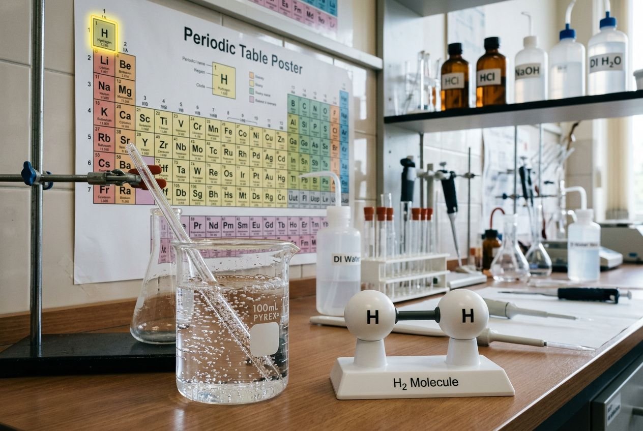 Expérience de laboratoire avec une molécule H2 et fioles, verres et poster périodique; démonstration de la différence entre dihydrogène et hydrogène.