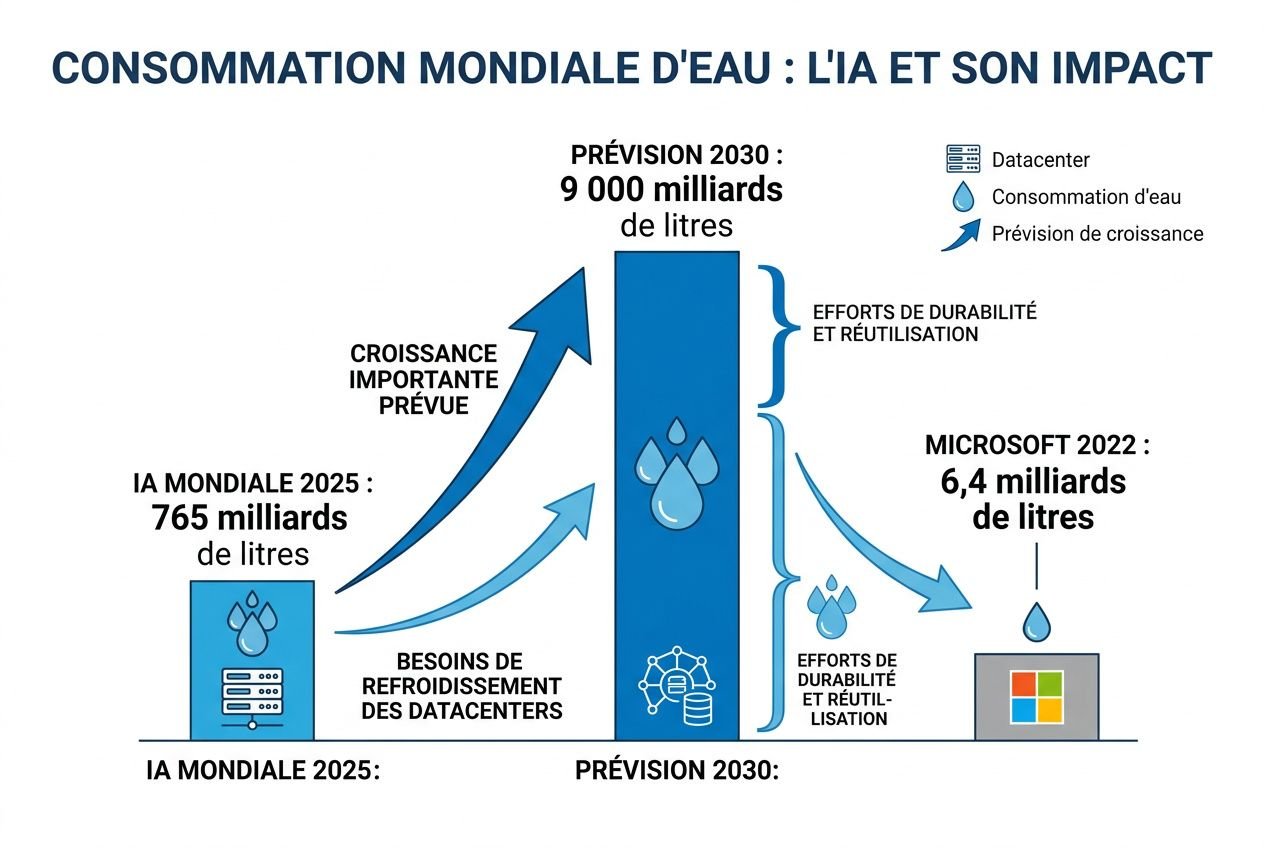 Graphique intitulé « Consommation mondiale d’eau : l’IA et son impact », montrant IA mondiale 2025: 765 milliards de litres, projection 2030: 9 000 milliards, et flux de consommation d’eau, besoins de refroidissement des datacenters, efforts de durabilité et réutilisation, avec l’IA et son impact sur la consommation d’eau.