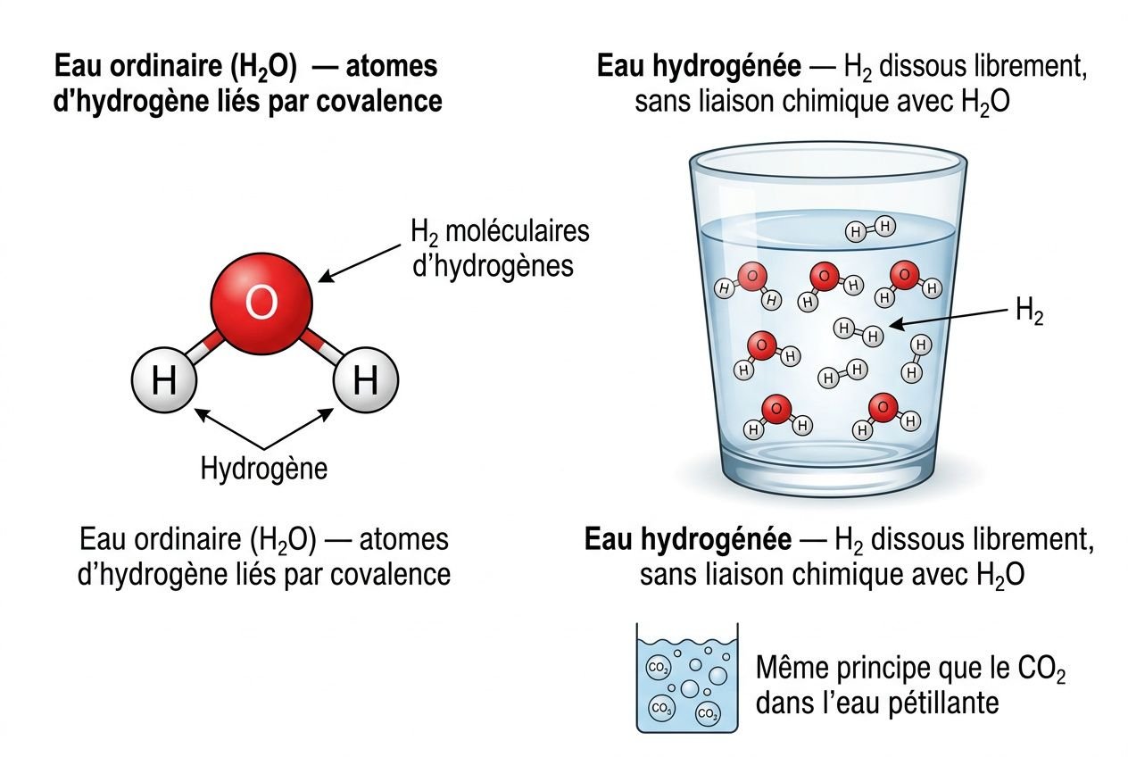 Hydrogène et dihydrogène expliqués: image montrant les molécules H2 dans l’eau et l’eau ordinaire H2O, avec schéma d’atomes d’hydrogène et d’oxygène et comparaison entre eau ordinaire et eau hydrogénée.