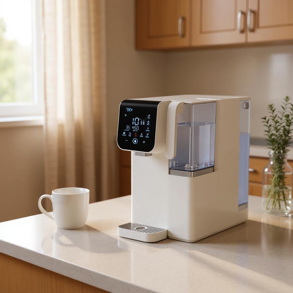 purificateur d'eau osmose inverse (osmoseur domestique comptoir, plan de cuisine, plant de travail) sur plan de cuisine avec tasse blanche, écran tactile noir et doseur transparent. Alt text: "Machine à purifier l'eau par osmose inverse sur îlot de cuisine avec tasse." purificateur d'eau osmose inverse (osmoseur domestique comptoir, plan de cuisine, plant de travail) sur plan de cuisine avec tasse blanche, écran tactile noir et doseur transparent. Alt text: "Machine à purifier l'eau par osmose inverse sur îlot de cuisine avec tasse."