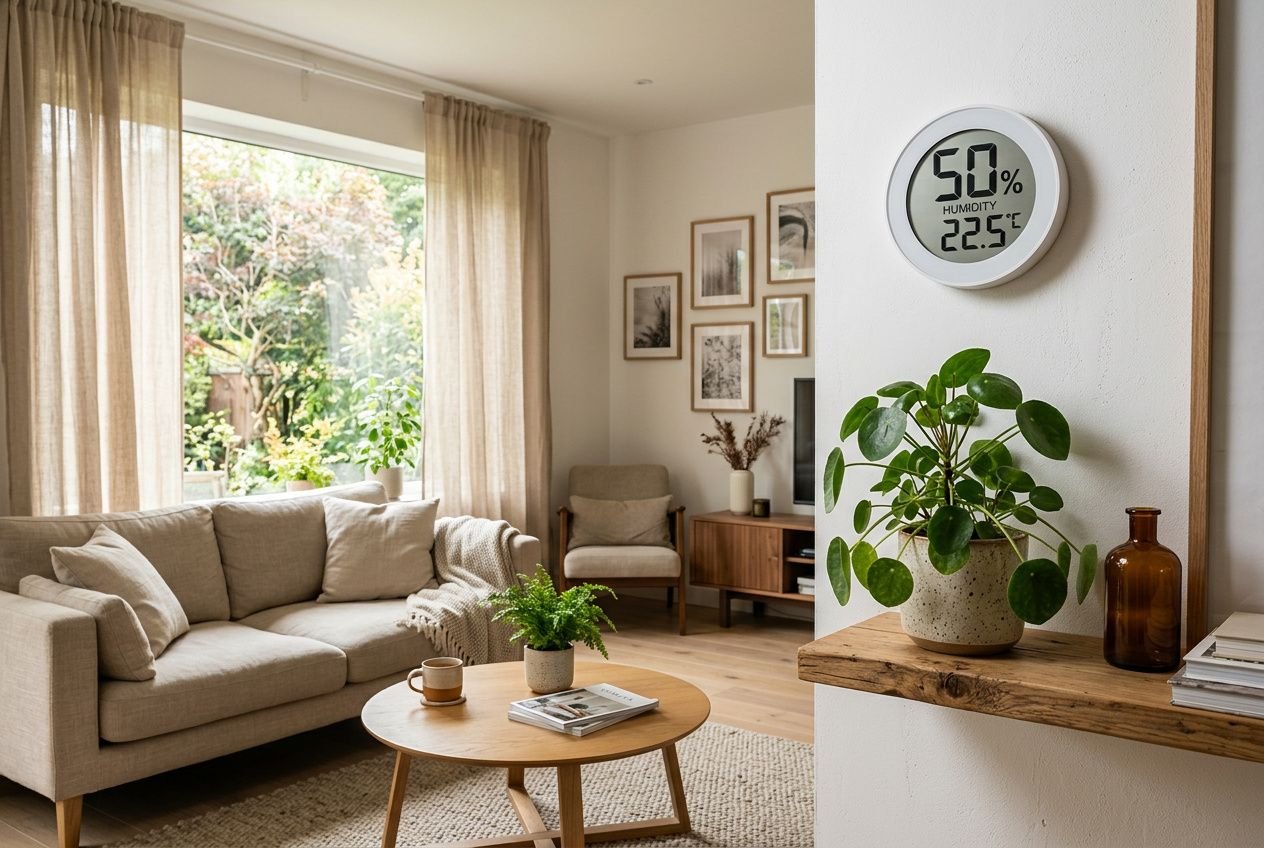 Salon lumineux avec canapé beige, table basse en bois et plantes d’intérieur; un thermostat mural affiche 50%. Générateur d eau atmosphérique avis intégré?