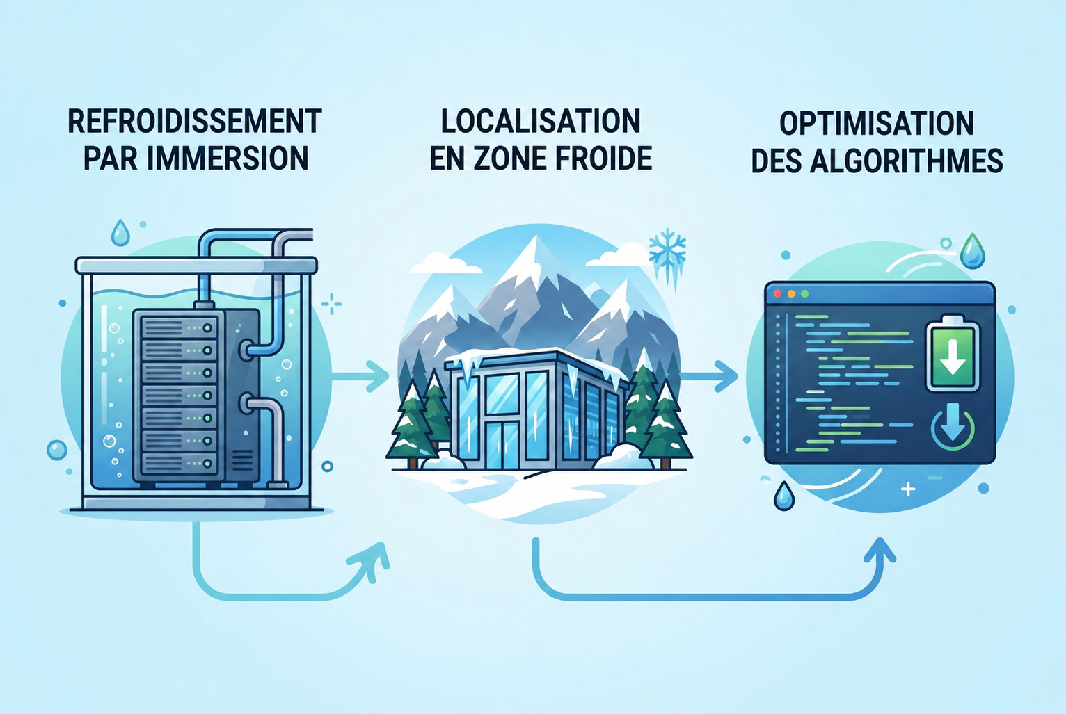 Schéma illustrant le refroidissement par immersion, localisation en zone froide et optimisation des algorithmes dans un système d’eau purifiée hydrogénée.