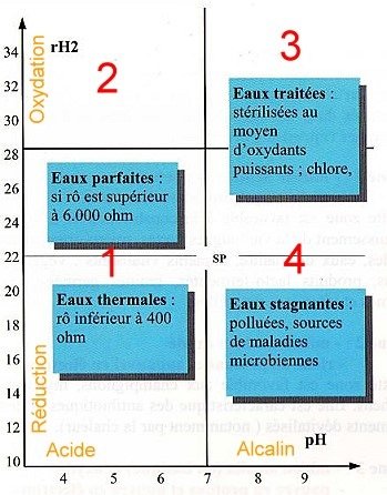 Schéma montrant l’oxydation/réduction et le pH: zones 1 et 2 indiquent eaux thermales et eaux parfaites; zones 3 et 4 présentent eaux traitées et eaux stagnantes; axes Oxydation (vertical) et Réduction (vertical) avec pH et alcalinité (horizontal). Schéma montrant l’oxydation/réduction et le pH: zones 1 et 2 indiquent eaux thermales et eaux parfaites; zones 3 et 4 présentent eaux traitées et eaux stagnantes; axes Oxydation (vertical) et Réduction (vertical) avec pH et alcalinité (horizontal).