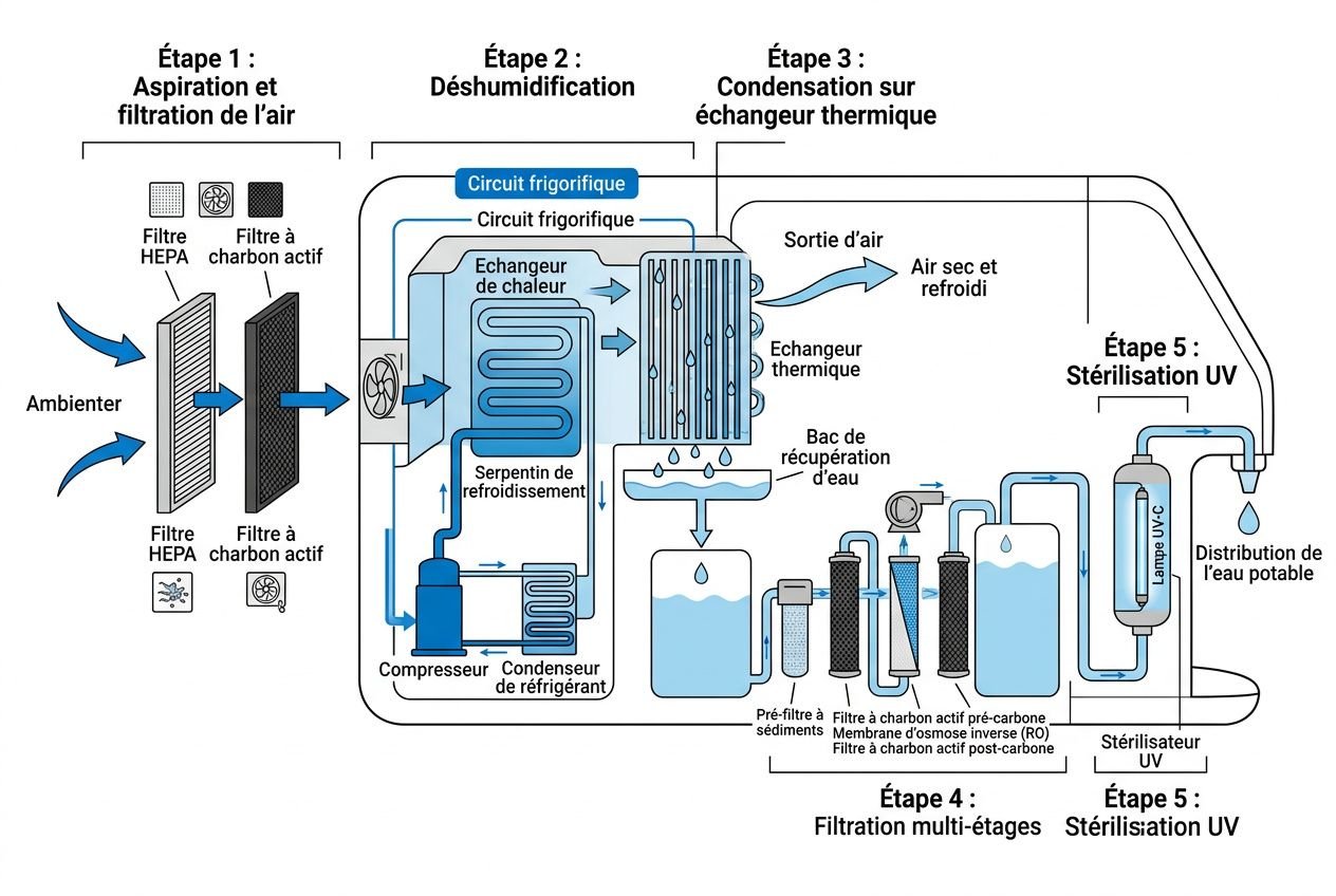 Schéma technique d’un générateur d’eau atmosphérique montrant les étapes d’aspiration, dessydratation, filtration et stérilisation, avec échangeur thermique et circuits frigo. Générateur d’eau atmosphérique avis inclus.
