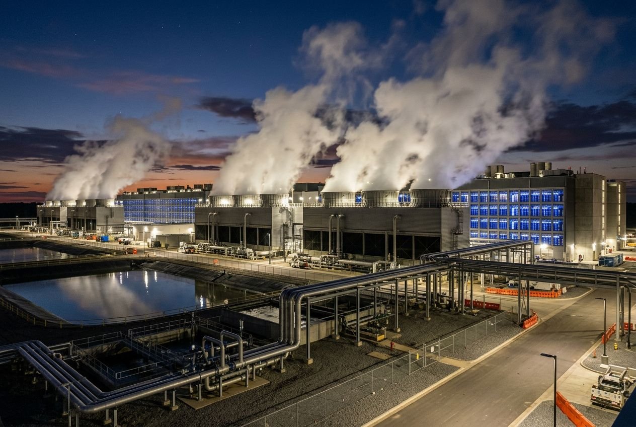 Site industriel émettant de la vapeur: bâtiments modernes, réseaux de tuyaux et reflets sur l’eau, illustrant la consommation d'eau de l'ia dans un contexte industriel.