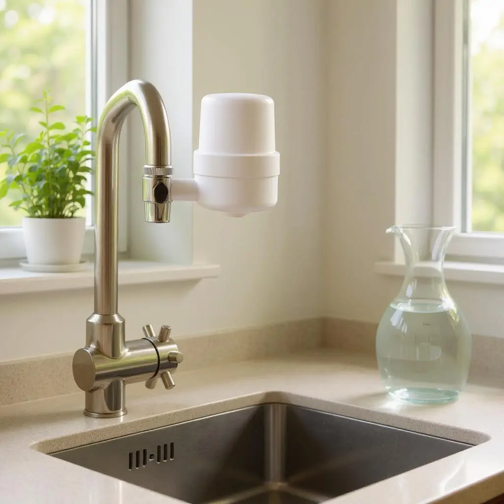 Robinet de cuisine moderne en acier inoxydable avec filtre/adapter blanc attaché, sur un comptoir près d’un évier double; carafe d’eau et plante sur la fenêtre en arrière-plan.