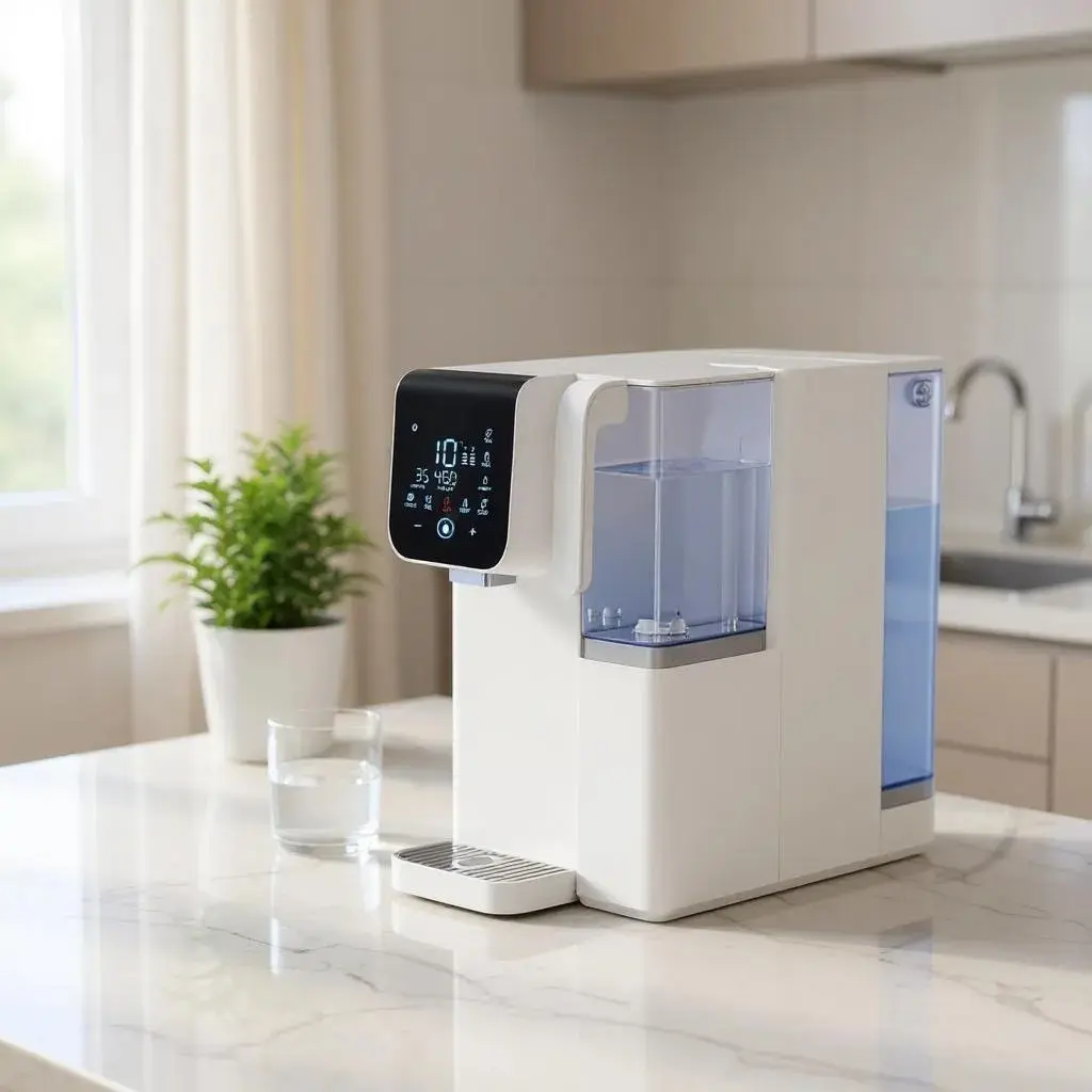 purificateur d'eau par osmose inverse ou distributeur d’eau plan de cuisine, écran tactile noir, réservoir d'eau du robinet et pichet d'eau pure à boire.