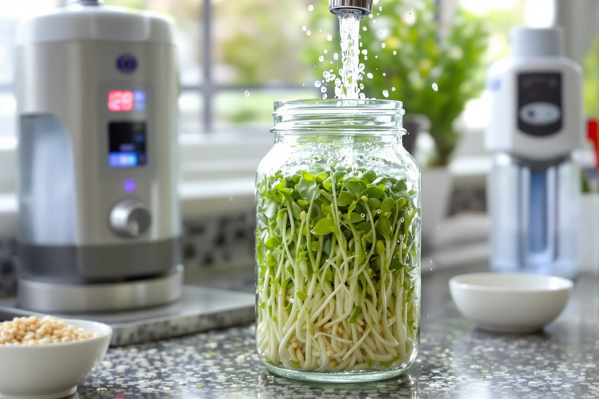 Rinçage de graines germées avec eau filtrée