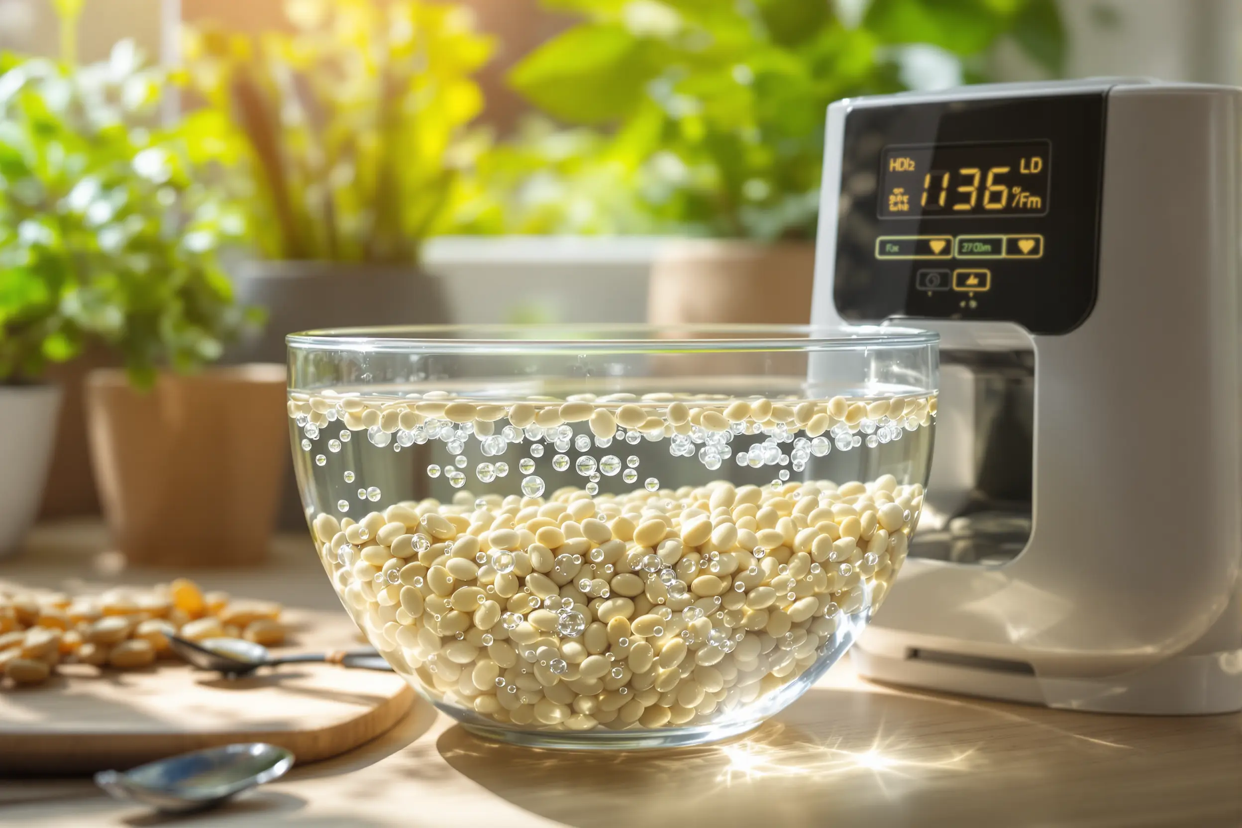 Trempage de graines de haricots dans de l'eau hydrogénée