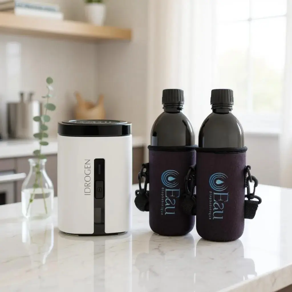 IDROGEN générateur d'eau hydrogénée blanc et noir sur une surface de cuisine, à côté de deux bouteilles d’eau biophotonique